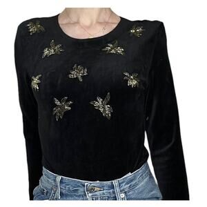 Vintage Oleg Cassini‎ beaded velvet bodysuit black silver